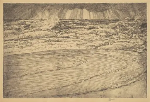 Heavy Surf, High Tide, Easthampton, by Childe Hassam, ink, 1920