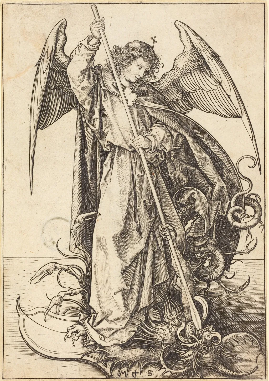 Saint Michael Slaying the Dragon, by Martin Schongauer, ink, 1485