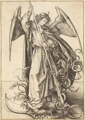 Saint Michael Slaying the Dragon, by Martin Schongauer, ink, 1485