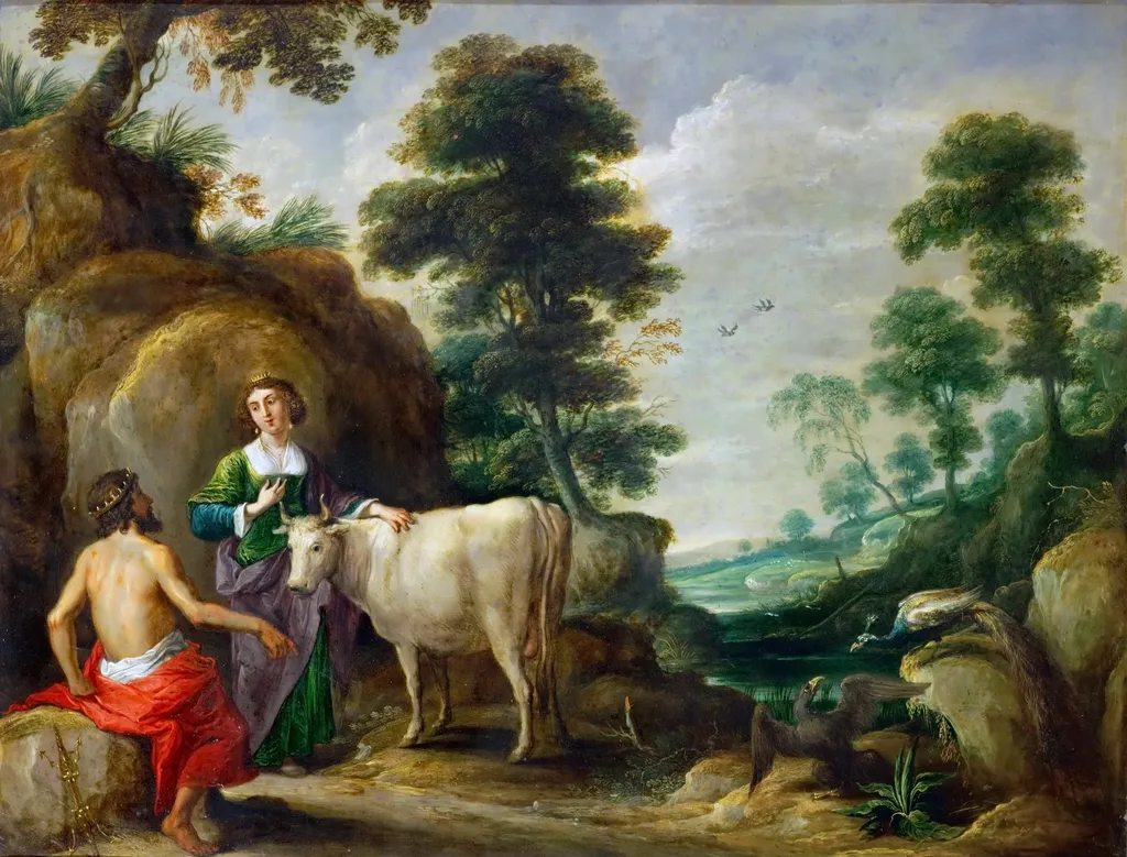 Io, transformed into a cow, is handed to Juno by Jupiter, by David Teniers the Younger, oil, 1638