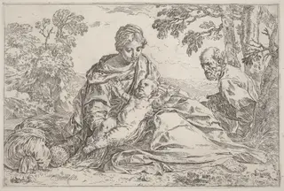 The Rest on the Flight into Egypt, by Simone Cantarini, ink, 1630