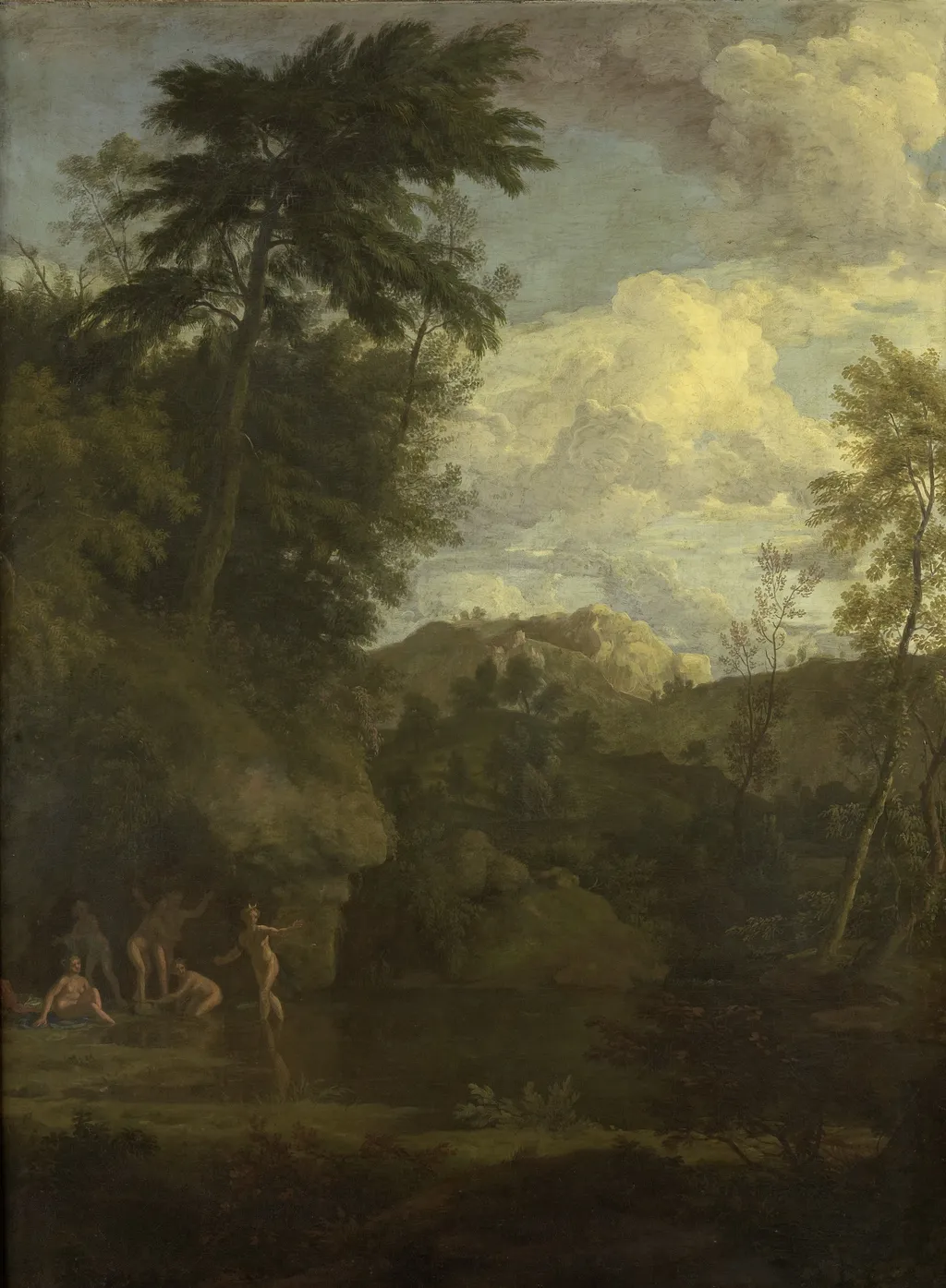 Arcadian landscape with bathing Diana, by Johannes Glauber, oil, 1697