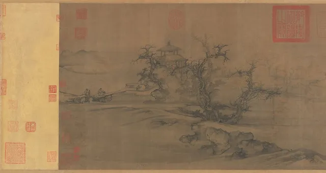 Guo Xi, Old Trees, Level Distance. Brittle crab-claw branches grip a low foreground; beyond them the river valley empties into pale silver, and a thin range of hills floats at the edge with almost no ink to hold it.