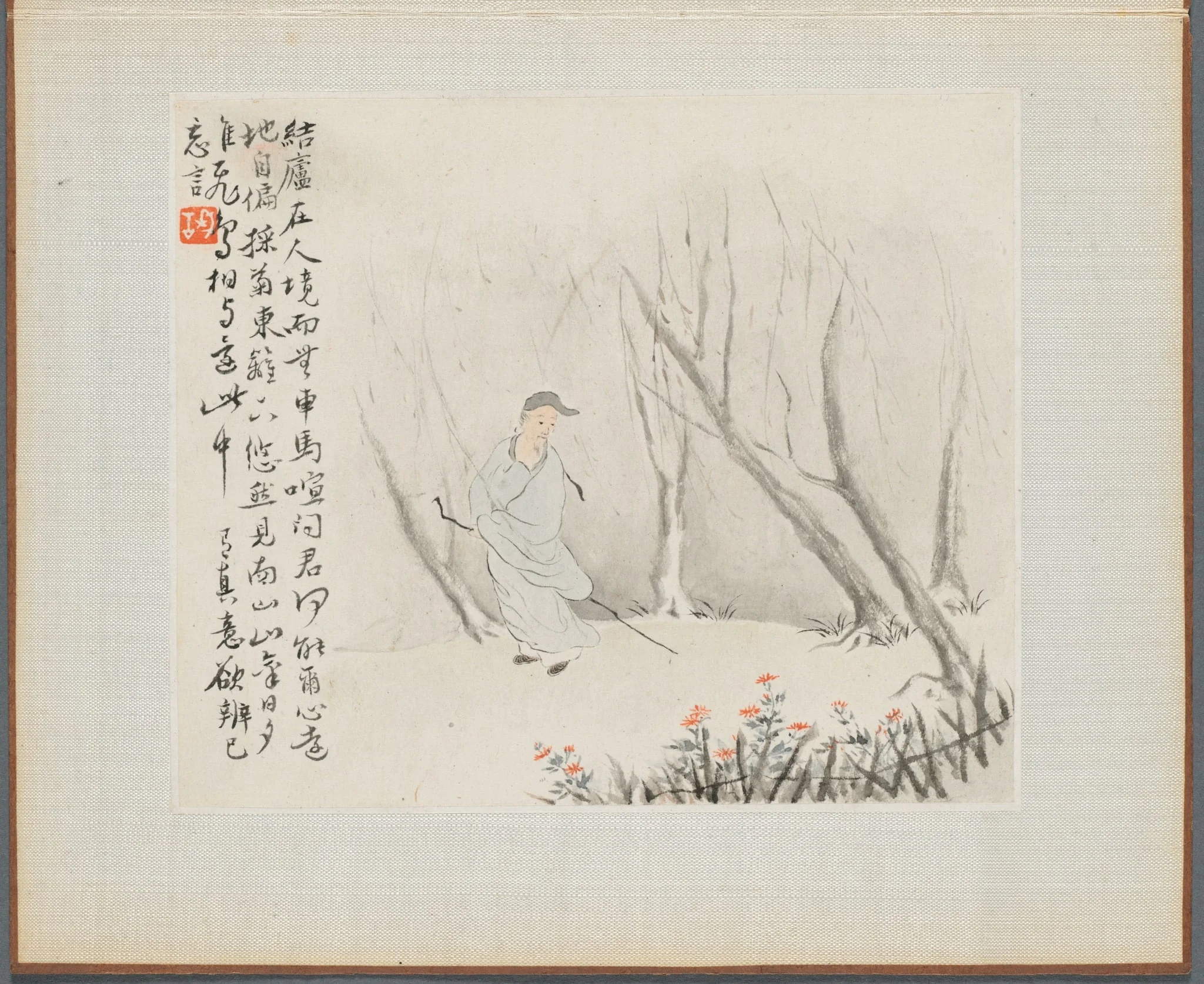Album of Landscape Paintings Illustrating Old Poems: Man with a Staff Admires Chrysanthemums at a Fence, detail