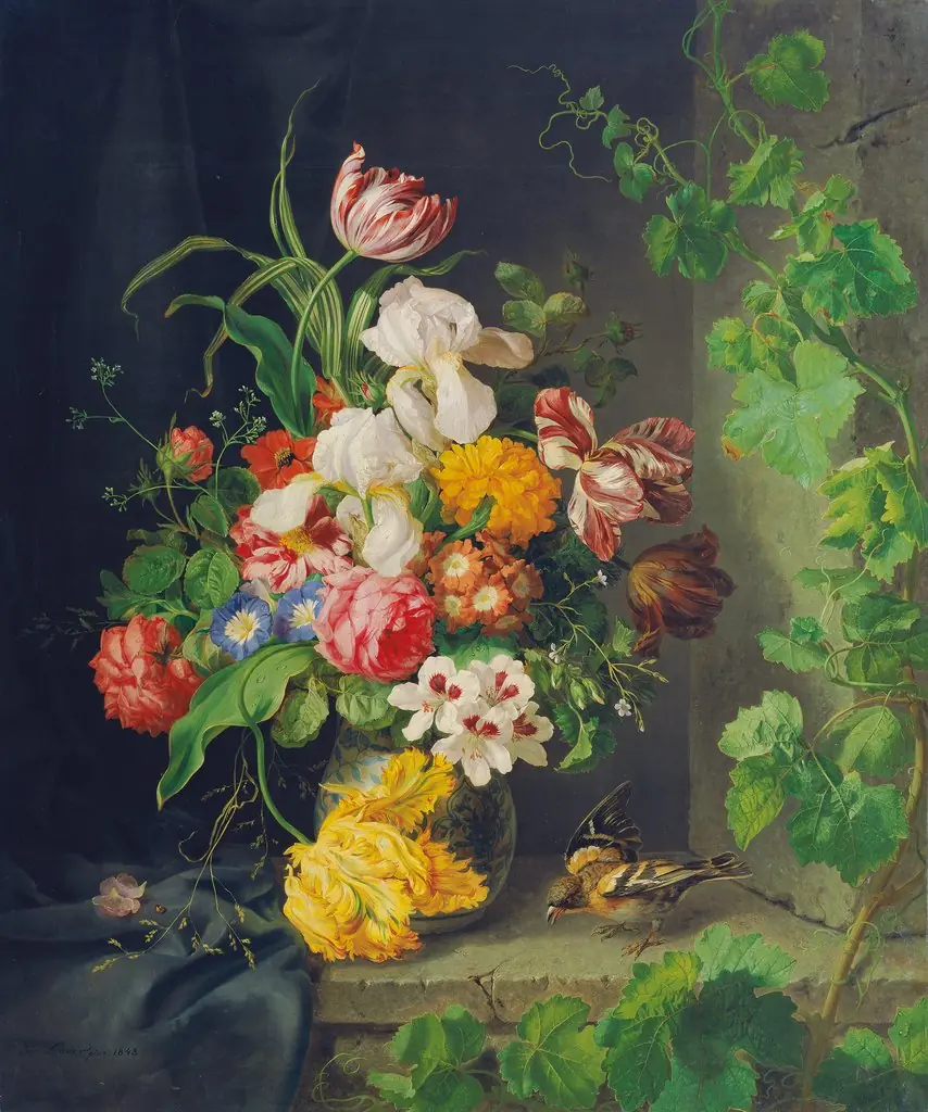 Still life with flowers, sparrow and vine branch, by Josef Lauer, oil, 1848