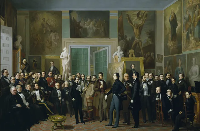 Esquivel, The Contemporary Poets. The studio as the stage where a culture portrays itself, the structure of Las Meninas turned toward a room full of writers.