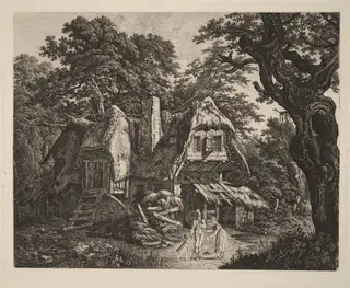 Straw-Thatched Hut with Landscape and Figures, by Carl Wilhelm Kolbe, ink