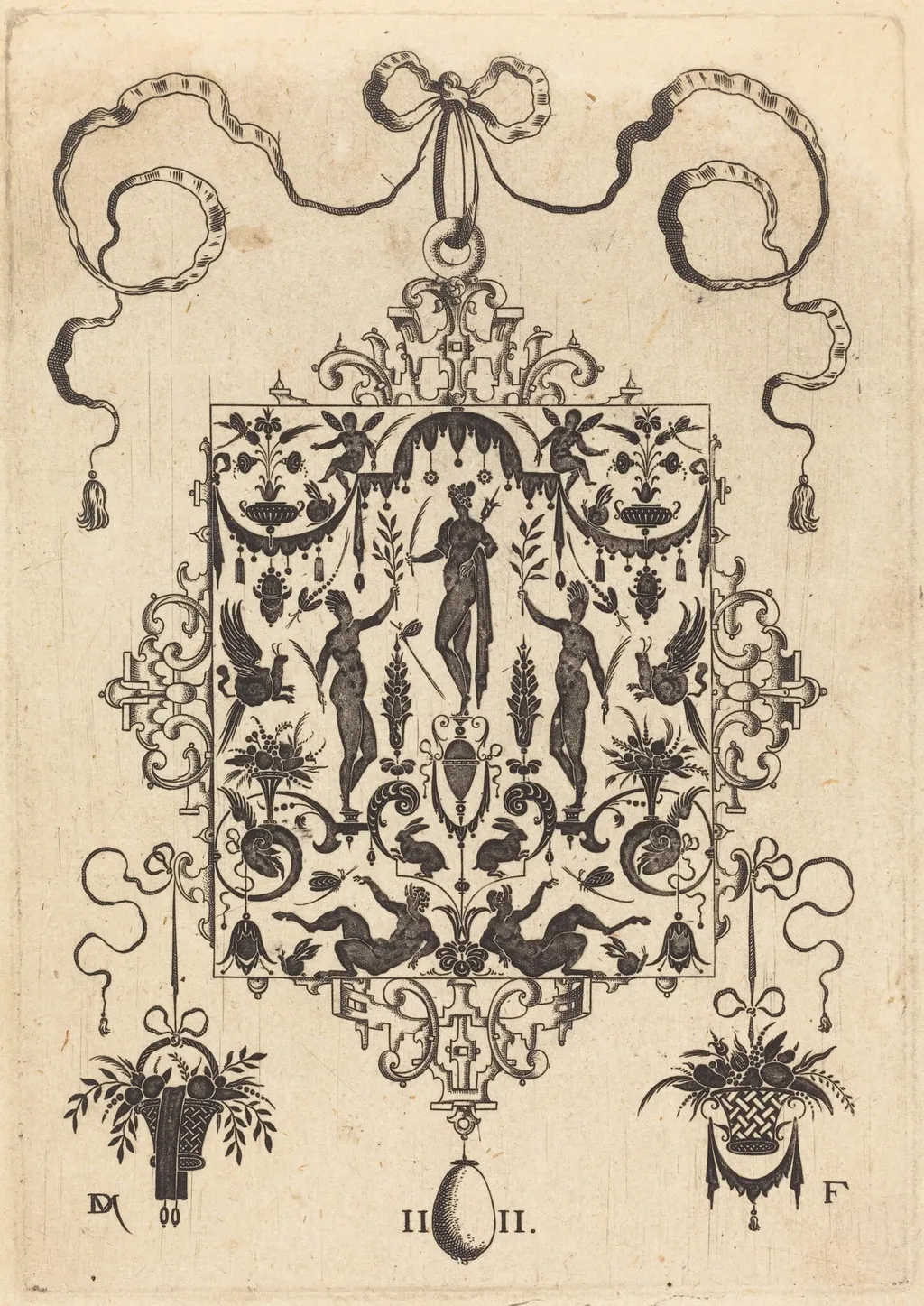 Large Pendant, Three Nude Women with Twigs  at Centre, by Daniel Mignot, ink, 1596
