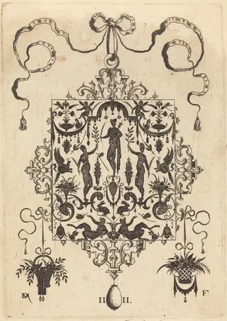Large Pendant, Three Nude Women with Twigs  at Centre, by Daniel Mignot, ink, 1596
