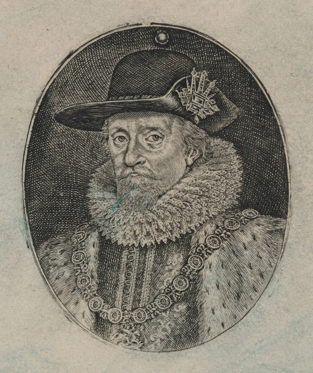 James I, King of England [top half], by Simon van de Passe, ink, 1621