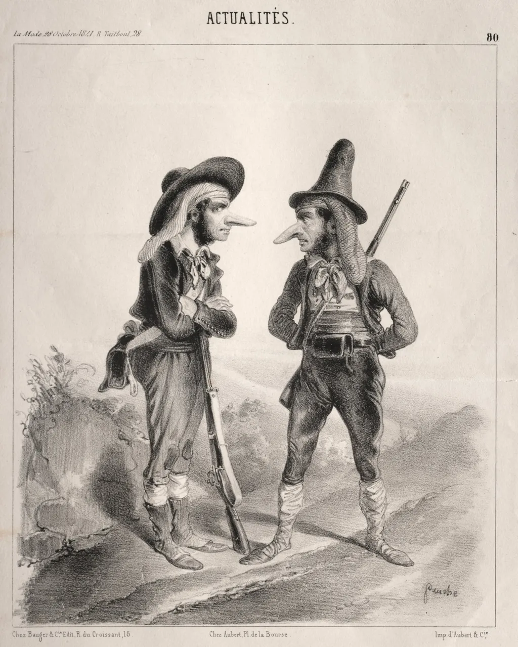 Actualités:  Insurgez-vous donc! ...hien! voilà qui va devenir gentil! pourvu qu'on ne nous donne par sur les castagnettes!! ... avec notre pied de nez!!!, by Clémente Pruche, 1841