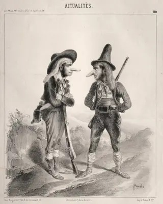 Actualités:  Insurgez-vous donc! ...hien! voilà qui va devenir gentil! pourvu qu'on ne nous donne par sur les castagnettes!! ... avec notre pied de nez!!!, by Clémente Pruche, 1841