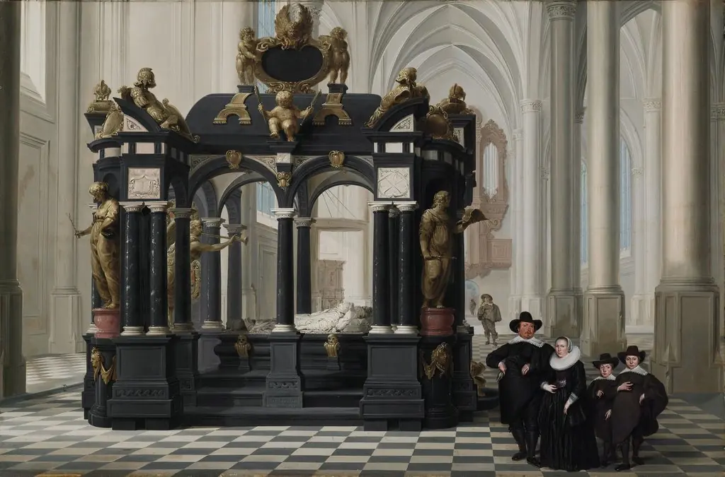 A Family beside the Tomb of Prince William I in the Nieuwe Kerk, Delft, by Dirck van Delen, oil, 1645
