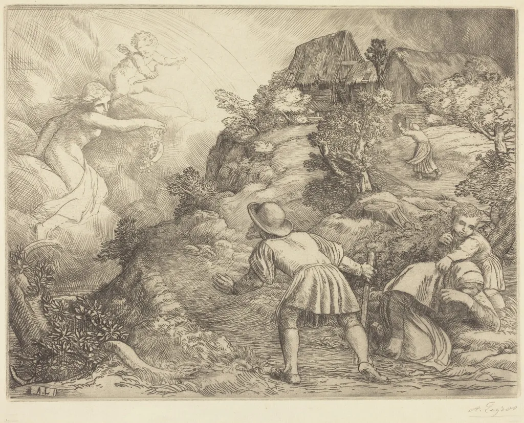Allegory of the Peasant and Fortune (Le paysan et la fortune: Sujet allegorique, by Alphonse Legros, ink, 1874