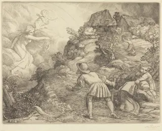 Allegory of the Peasant and Fortune (Le paysan et la fortune: Sujet allegorique, by Alphonse Legros, ink, 1874