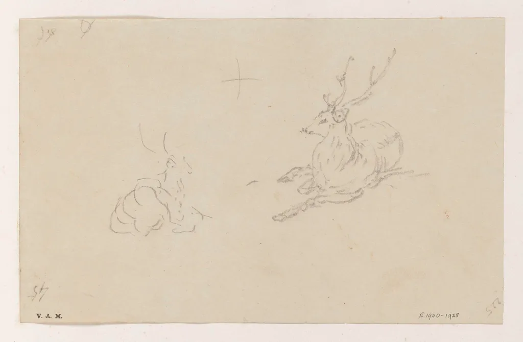 Two sketches of a stag, and (on the reverse) a harpsichord, by George Chinnery, 10