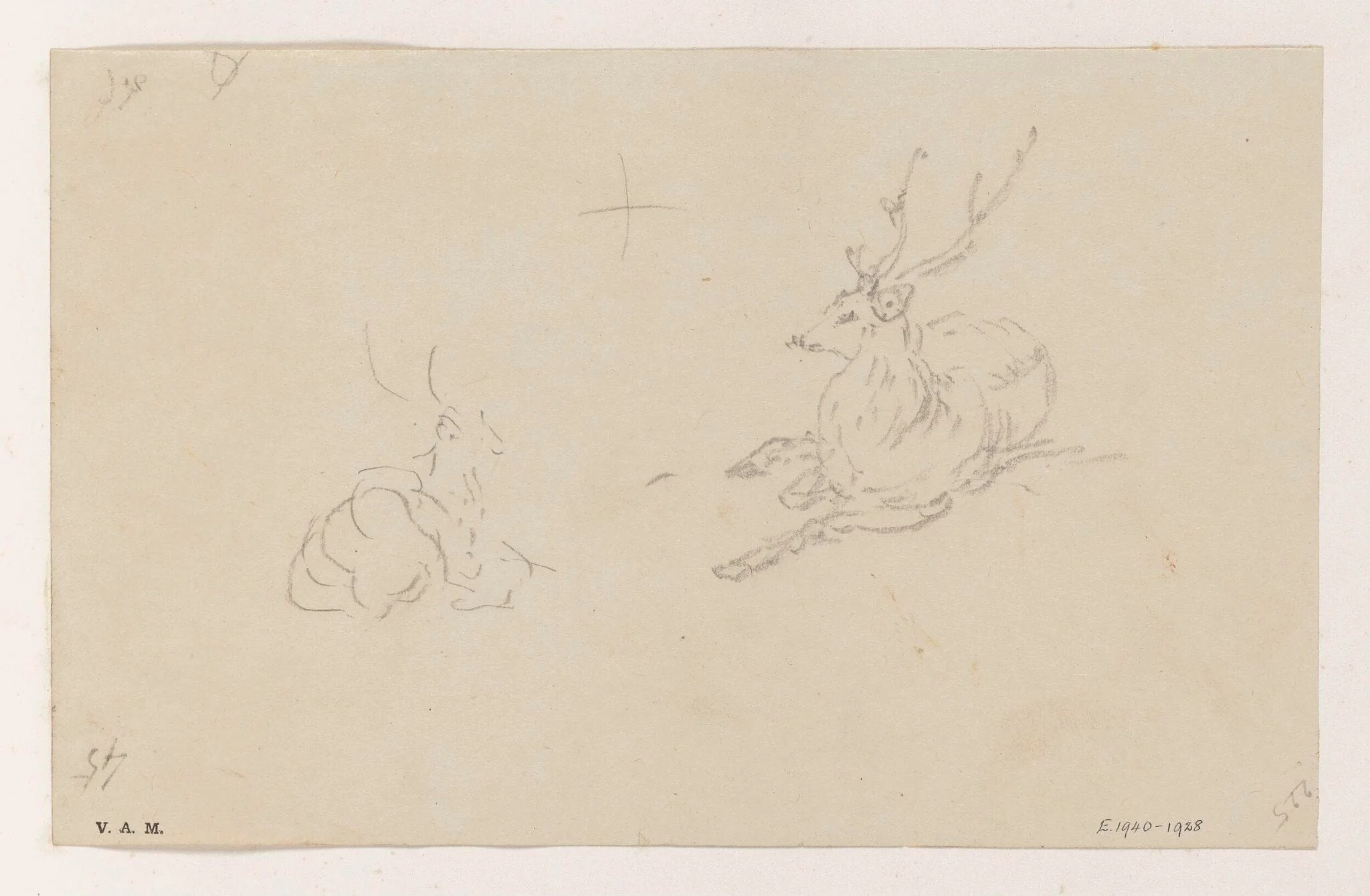 Two sketches of a stag, and (on the reverse) a harpsichord, detail