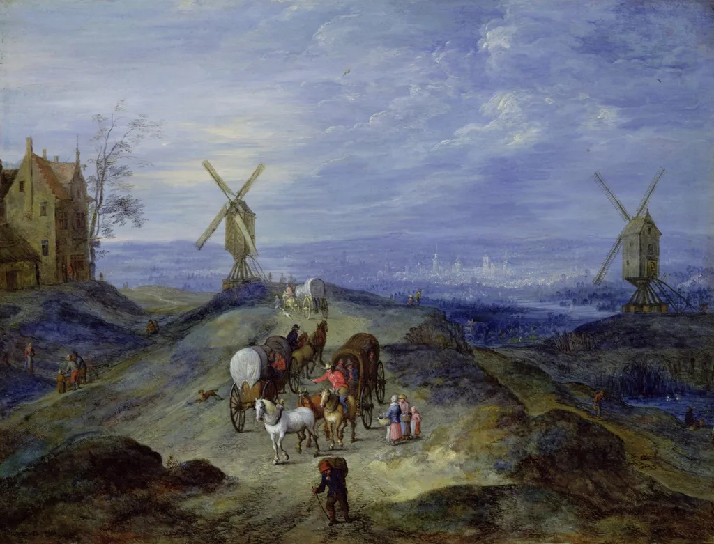 Landscape with two Windmills, by Jan Brueghel, the elder, oil, 1612