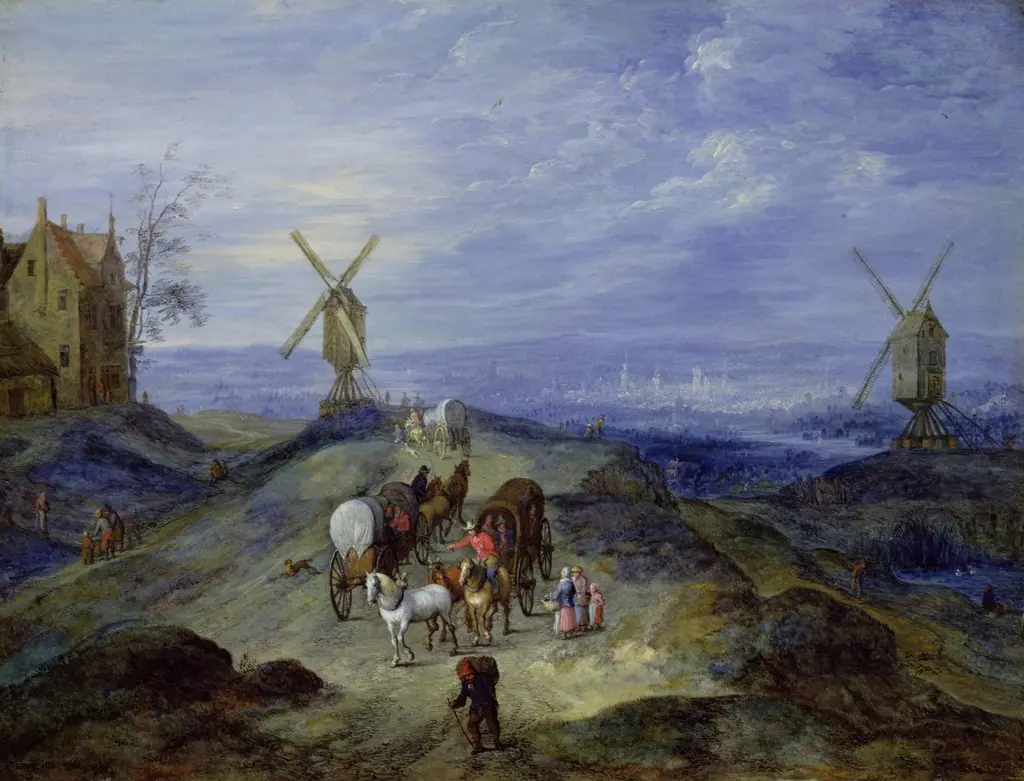 Landscape with two Windmills, by Jan Brueghel, the elder, oil, 1612