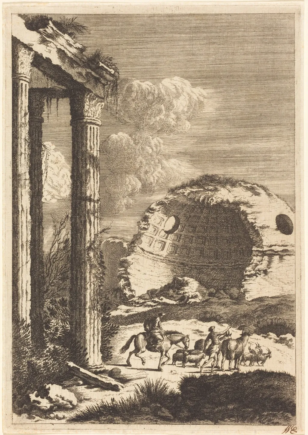 Shepherds Traveling past a Ruined Rotunda, by Bernhard Zaech, ink, 1650