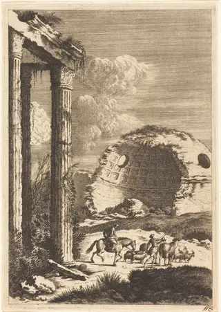 Shepherds Traveling past a Ruined Rotunda, by Bernhard Zaech, ink, 1650