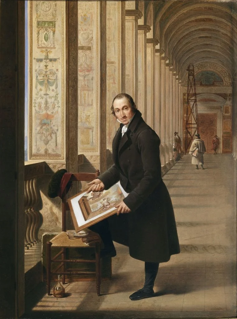 Portret van de graveur Joseph-Charles de Meulemeester aan het werk in de Loggia van het Vaticaan, detail