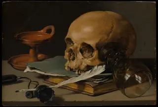 Still Life with a Skull and a Writing Quill, by Pieter Claesz, oil, 1628