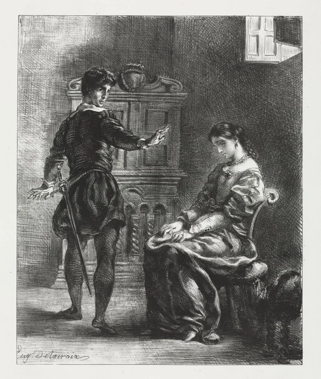 Hamlet:  Hamlet and Ophelia, by Eugène Delacroix, 1834
