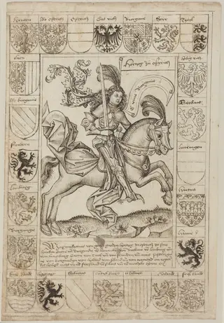 Maximilian, Duke of Austria, on Horseback, by Primary Master of the Strassburg Chronicle, ink, 1492
