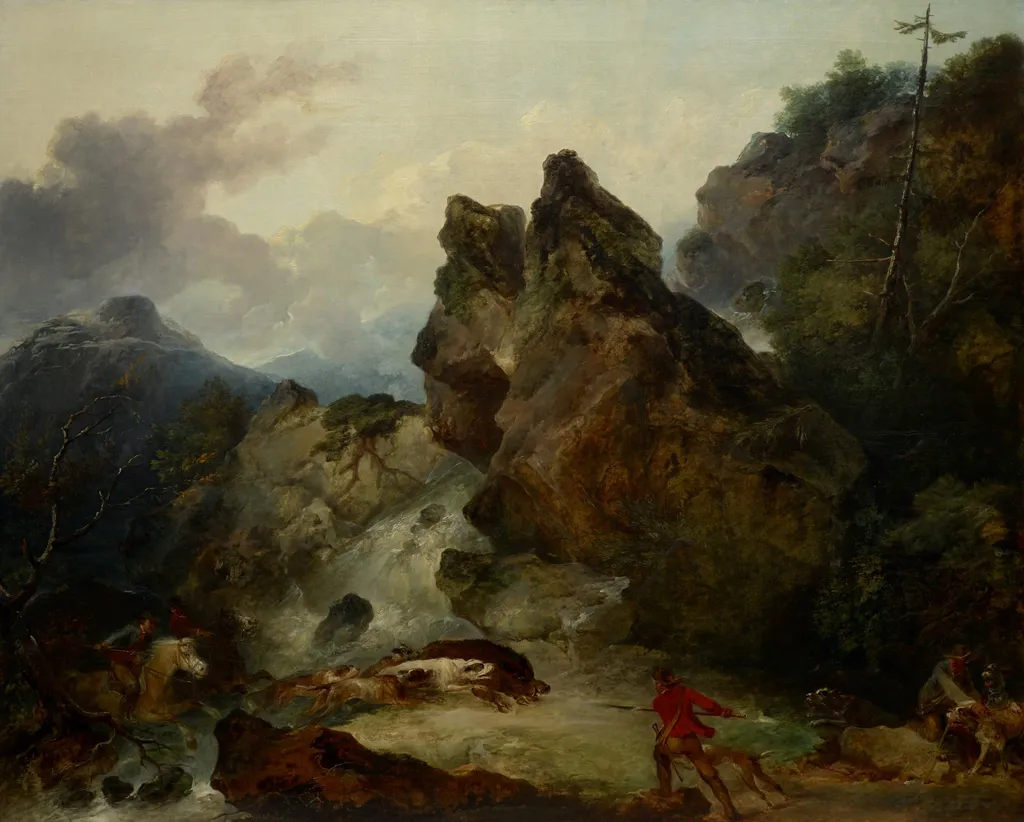 Landscape with Boar Hunt, by Philip James de Loutherbourg, oil, 1790