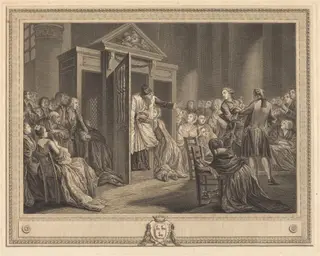 Le confessional, by Pierre Etienne Moitte, ink, 1777