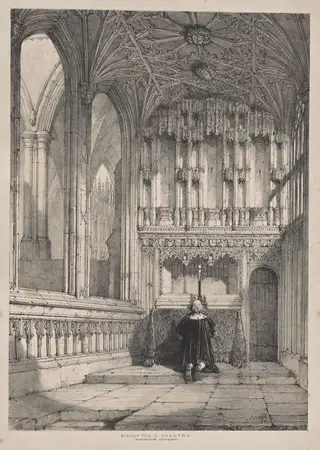 Architecture of the Middle Ages:  Bishop Fox's Chantry, Winchester Cathedral, by Joseph Nash, 1838