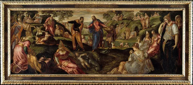 The Miracle of the Loaves and Fishes, the event recedes up the slope while the nearest figures crowd the picture plane.