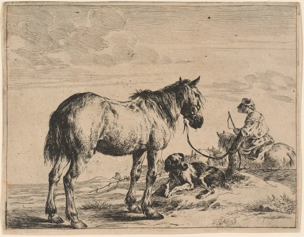 A Horse Bound to a Post with a Reclining Dog, by Dirck Stoop, ink, 1651
