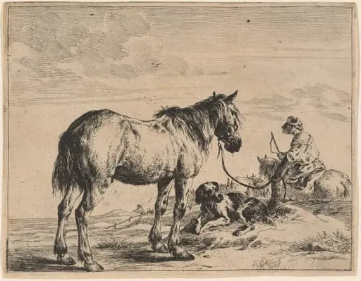 A Horse Bound to a Post with a Reclining Dog, by Dirck Stoop, ink, 1651