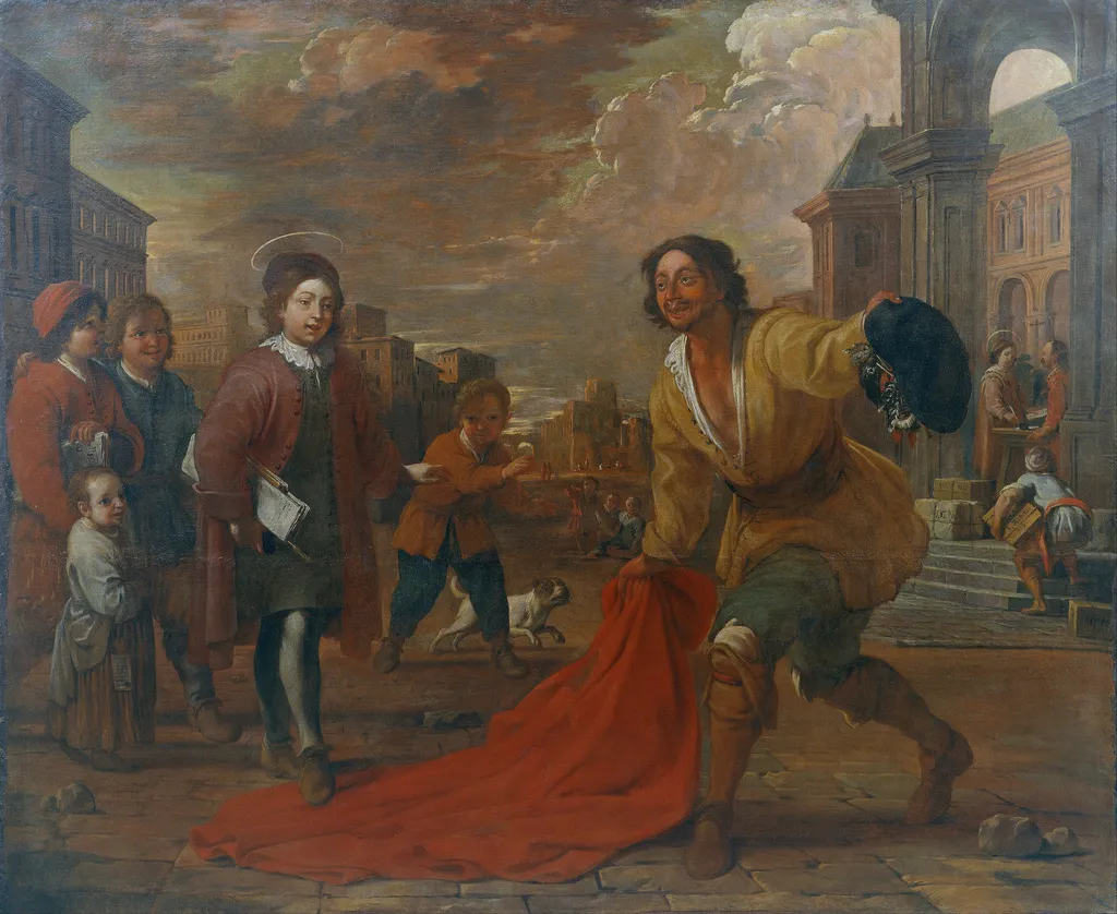 Un boig estén la capa perquè hi passi per sobre sant Francesc nen, by Antoni Viladomat i Manalt, oil, 1730