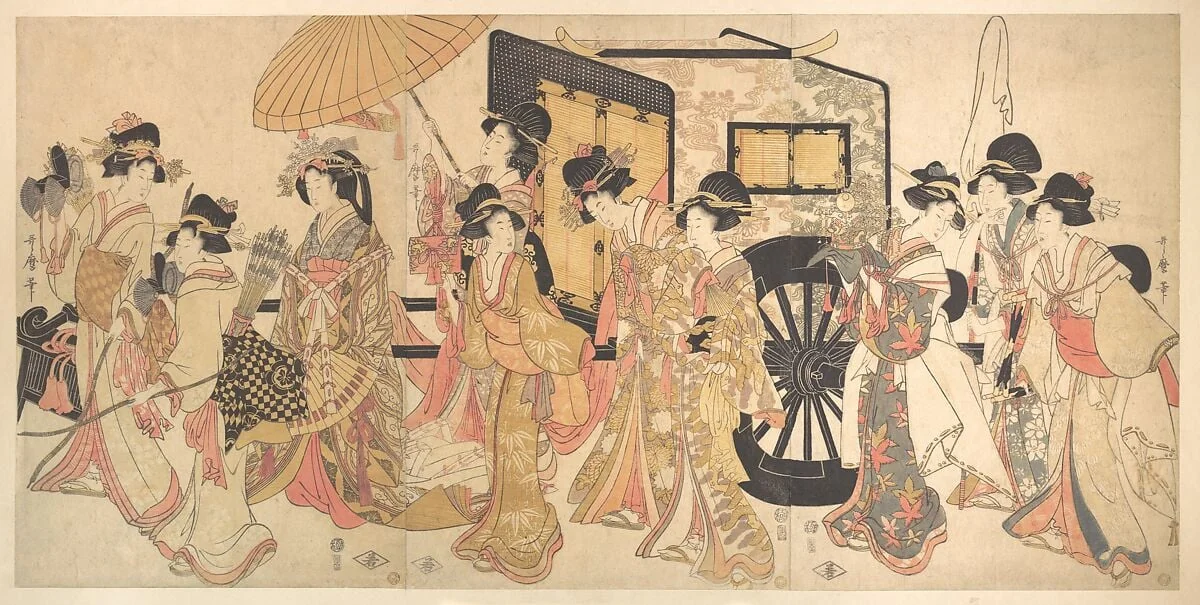 喜多川歌麿画 御所車見立て行列|Courtesans Imitating a Court Procession, detail