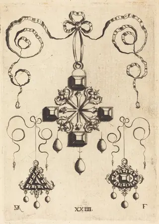 Pendant with Double Cross at Centre, Surrounded by Four Large Table-Stones, by Daniel Mignot, ink, 1584