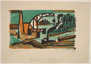 River Landscape with Crane and Barges, by Ernst Ludwig Kirchner, ink, 1927