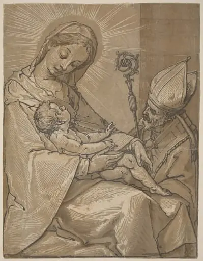 Madonna and Child with a Bishop, by Andrea Andreani, ink, 1591