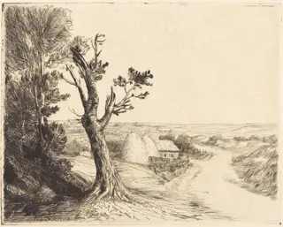 Landscape with Haystacks (Le paysage aux meules), by Alphonse Legros, ink, 1874