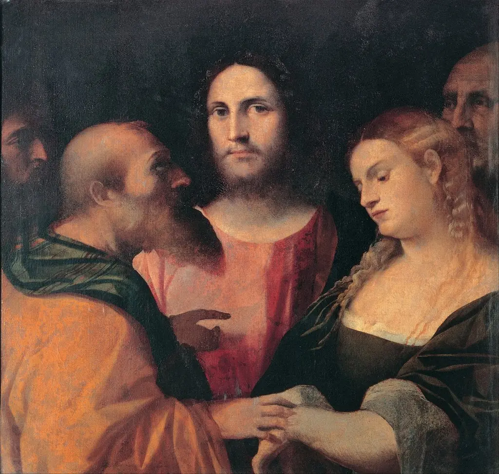 Christ and the adulteress, by Palma Vecchio, oil, 1525
