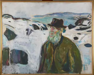 Old Fisherman on Snow-covered Coast, by Edvard Munch, oil, 1910