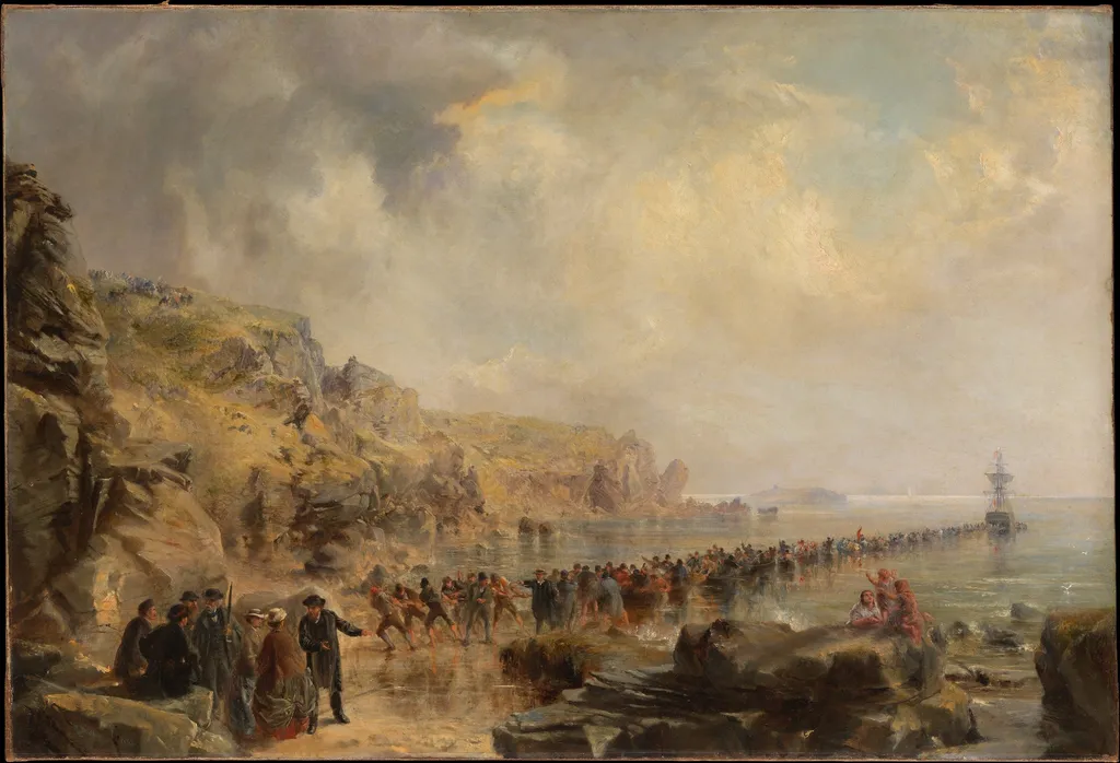 Landing the Shore End of the Atlantic Cable, by Robert Charles Dudley, oil, 1866