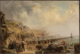 Landing the Shore End of the Atlantic Cable, by Robert Charles Dudley, oil, 1866