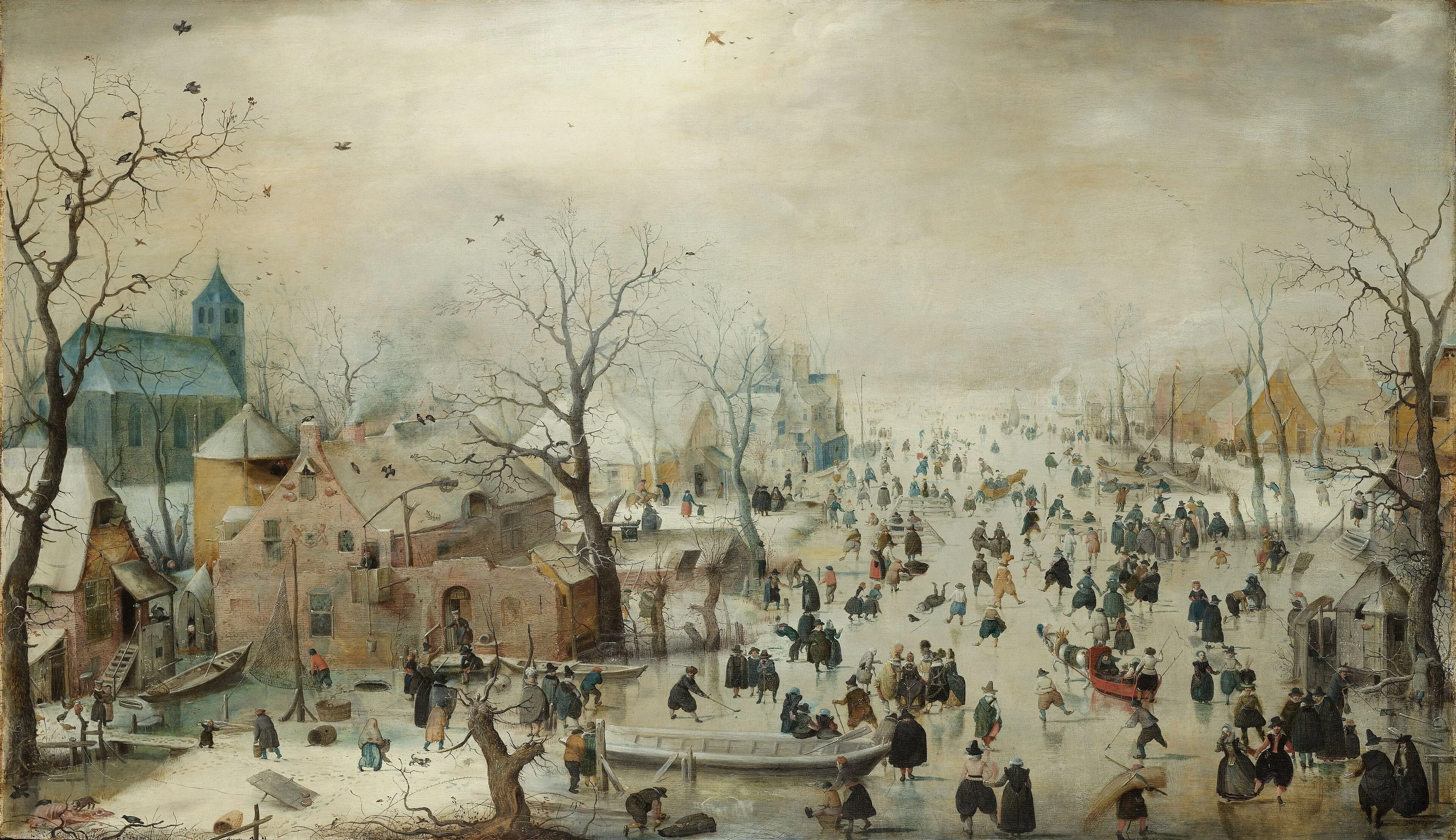 Winter landscape with skaters, detail