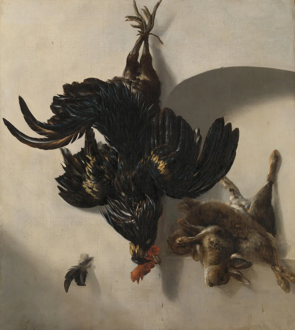 Still Life with Black Rooster and two Rabbits, by Cornelis Lelienbergh, unspecified, 1659