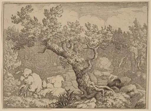 Sportsman near a Large Tree, by Allart van Everdingen, ink, 1650