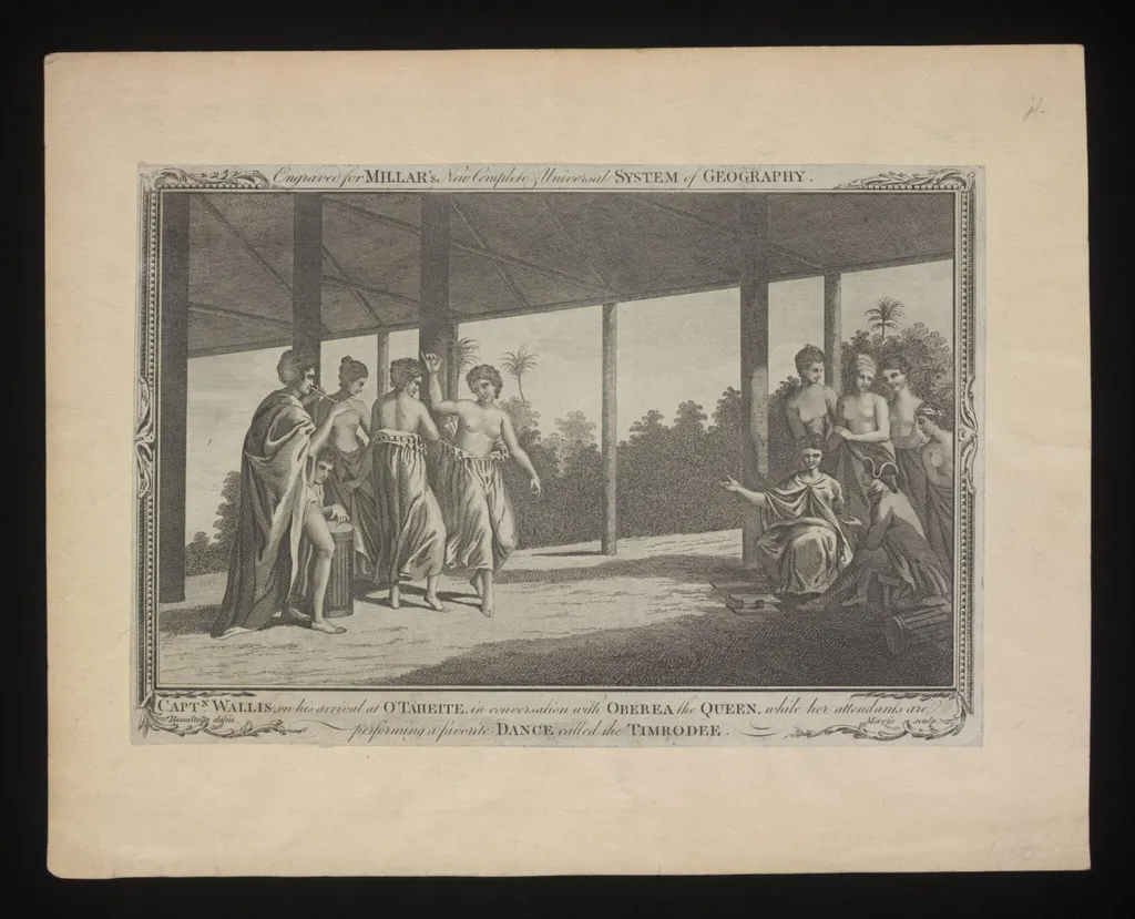 Captn. Wallis on his arrival at O'Taheite, in conversation with Oberea the Queen, while her attendants are performing a favourite Dance called the Timrodee, by Hamilton, 1782