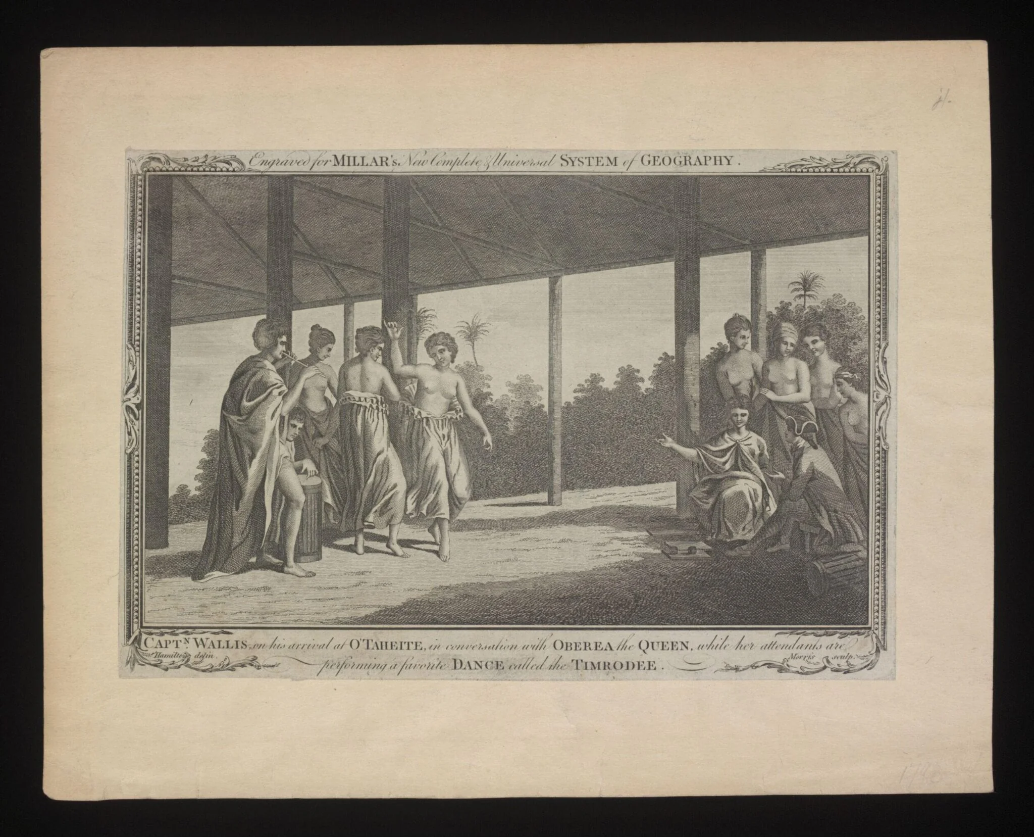Captn. Wallis on his arrival at O'Taheite, in conversation with Oberea the Queen, while her attendants are performing a favourite Dance called the Timrodee, detail